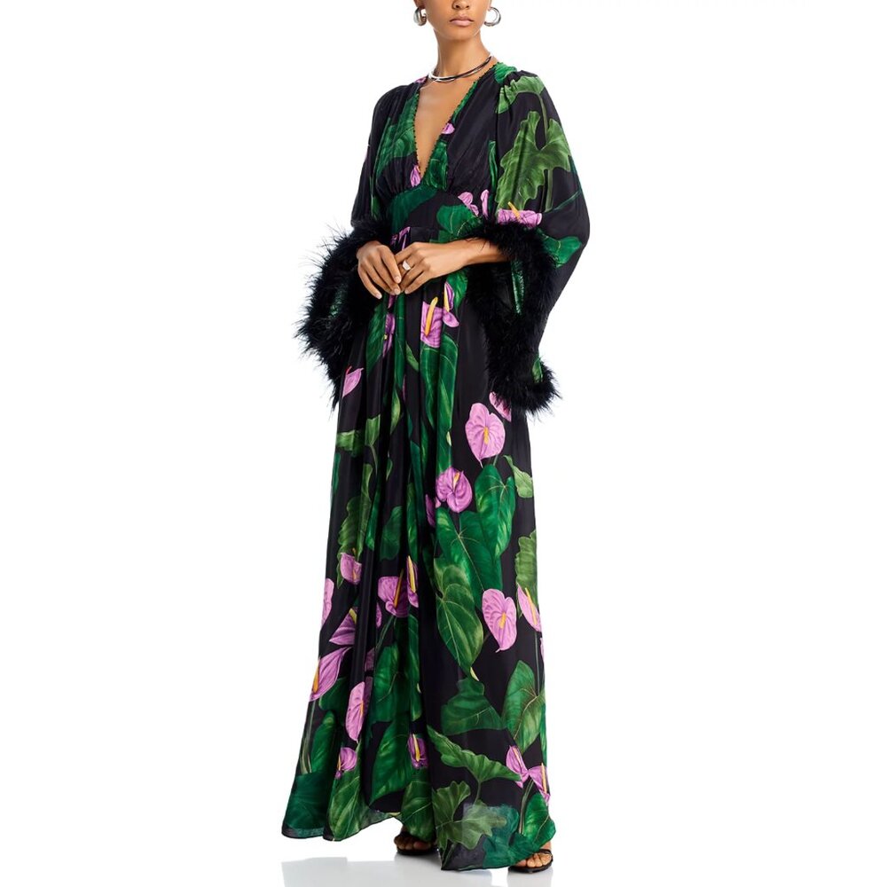 FARM Rio | Anthurium Feather Trim Caftan Dress | Medium
